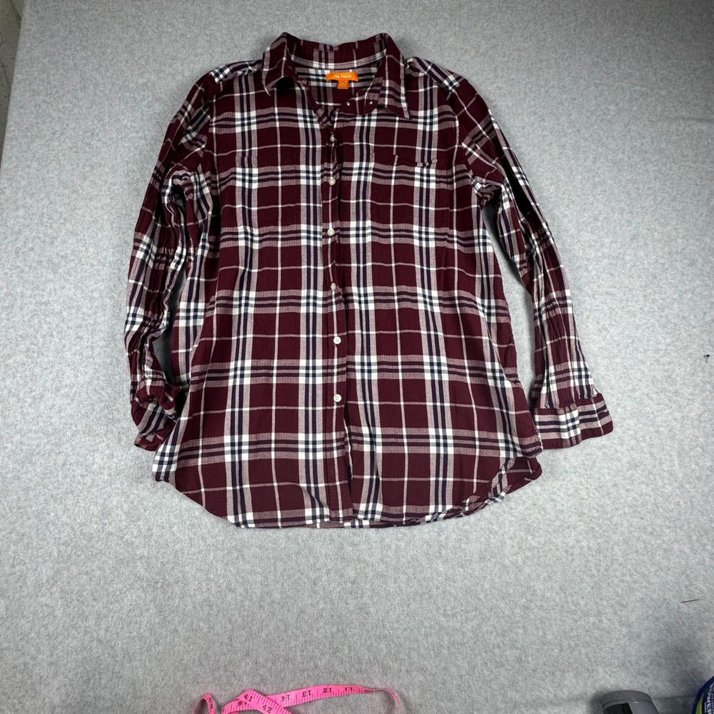 Joe Fresh Womens XL Burgundy Plaid Cotton Long Sleeve Button Down Shirt